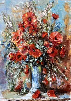 Igor Navrotskyi, Kvety Maky v modrej váze, olejomaľba na plátne 70x50 cm, 505 €
