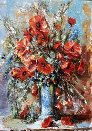 Igor Navrotskyi, Kvety Maky v modrej váze, olejomaľba na plátne 70x50 cm, 505 €