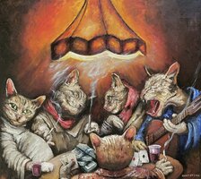 Igor Navrotskyi, olejomaľba Mačky - poker, 560 €, 80x90 cm, nezarámované