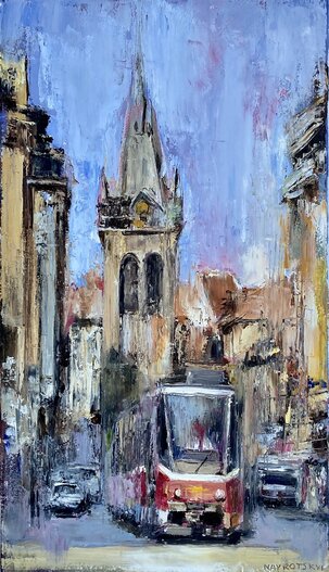 Igor Navrotskyi, Praha s električkou, olejomaľba na plátne 70x40 cm, nezarámované, 280 €