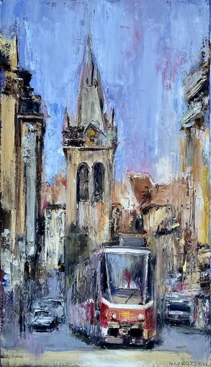 Igor Navrotskyi, Praha s električkou, olejomaľba na plátne 70x40 cm, nezarámované, 280 €