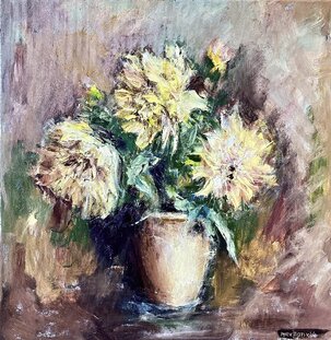 Igor Navrotskyi, Slnečnice v krčahu, olejomaľba 60x60 cm, 280 €