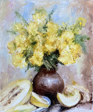 Igor Navrotskyi, Zátišie s melónmi, olejomaľba 60x50 cm, 350 €