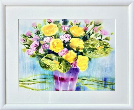 Iveta Miháliková Kytica ružových a žltých kvetov, akvarel 30x 0 cm, zarámované 46x56 cm, 126 €