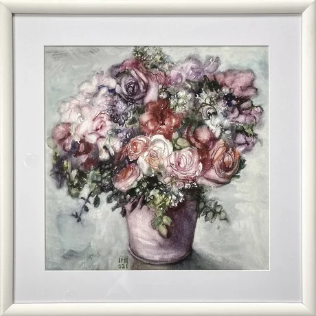 Iveta Miháliková, Kytica vo vedierku, akvarel 40x40 cm, 168 €, zarámované 54x54 cm