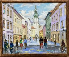 Ján Moniš, BA Michalská veža v daždi, olejomaľba na plátne 50x40 cm, zarámované 54x44 cm, 210 €