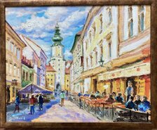 Ján Moniš, BA Michalská veža v lete, olejomaľba na plátne 50x40 cm, zarámované 54x44 cm, 210 €