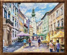 Ján Moniš, BA Michalská veža v lete, olejomaľba na plátne 50x40 cm, zarámované 54x44 cm, 210 €