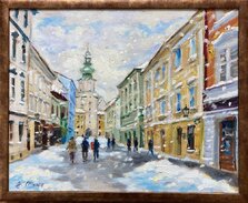 Ján Moniš, BA Michalská veža v zime, olejomaľba na plátne 50x40 cm, zarámované 54x44 cm, 210 €