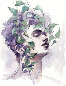 Jane Beata, Muž s brečtanom, Akvarel 30x23 cm