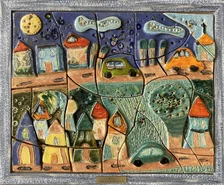 Janka Blašková, Keramický obrázok, Veselé mestečko, 26x33cm, zarámované 30x37 cm