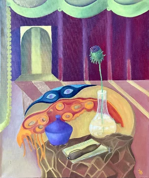 Janka Blašková, Zátišie s maskou, olej na plátne 60x50 cm, nezarámované