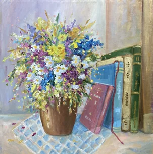 Jolana Palajová, Pocta knihám, olejomaľba 60x60 cm