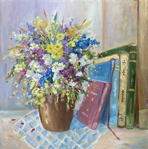 Jolana Palajová, Pocta knihám, olejomaľba 60x60 cm