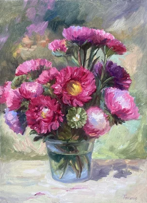 Julia Tomesko Astry vo váze, olejomaľba na plátne, Rozmer 55x40 cm