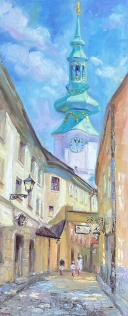 Julia Tomesko, BA Michalská brána, olejomaľba na plátne 70x30 cm, nezarámované, 435 €