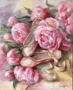 Júlia Tomesko, Balerínky medzi pivonkami, olejomaľba na plátne 50x40 cm, nezarámované