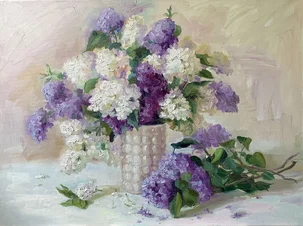 Júlia Tomesko, Biely a fialový orgován, olejomaľba na plátne 60x80 cm, nezarámované