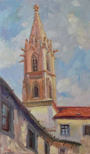 Júlia Tomesko, Bratislava, Kostol Uršulínky, olejomaľba na plátne 50x30 cm, nezarámované