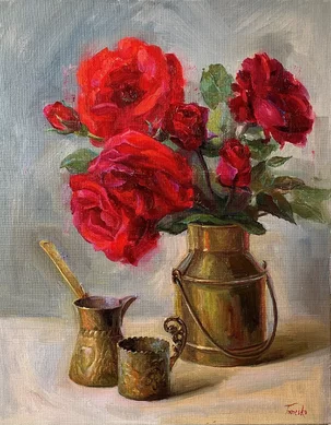 Júlia Tomesko, Ruže v džbáne, olejomaľba na plátne 50x40 cm, nezarámované