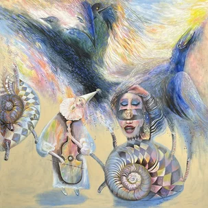 Kateryna Orel, Blue bird music, olejomaľba na plátne 100x100 cm, nezarámované