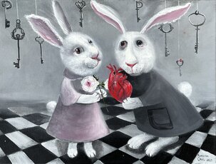 Kateryna Orel, I give you my love - Zajace, olejomaľba na plátner 30x40 cm, nezarámované, 174 €