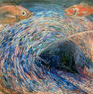 Kateryna Orel, Ryby, olejomaľba na plátne 100x100 cm, abstrakcia, nezarámované