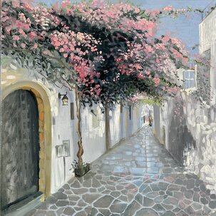 Kateryna Orel, Ulička s tieňmi, olejomaľba na plátne 40x40 cm, nezarámované, 295 €