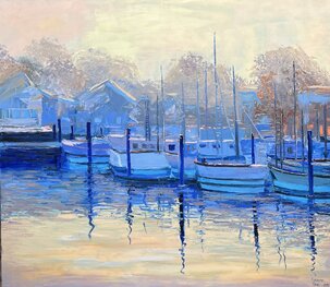 Kateryna Orel, Večer v prístave, olejomaľba na plátne 70x80 cm, nezarámované