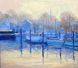 Kateryna Orel, Večer v prístave, olejomaľba na plátne 70x80 cm, nezarámované