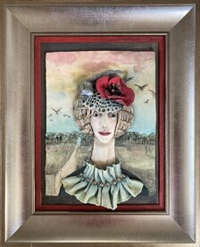 Laura Doková, Reliiéf Dáma s makom, kamenina 30x23 cm, zarámované 49x39 cm, 490 €