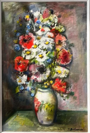 Lenka Andrášiová Boťanská, V maľovanom džbánku, olejomaľba na plátne 60x40 cm, zarámované 63x43 cm