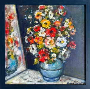 Lenka Andrášiová Boťanská, Veselá kytica, olejomaľbana plátne 48 x48 cm, zarámované 55 x 55 cm