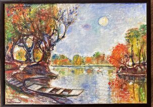 Lenka Boťanská, Čln pri rieke, olejomaľba 50x70 cm