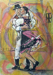 Ľubomír Korenko, kombinovaná technika na plátne, Tanec je radosť Šarišan, 225 €, 70x50 cm