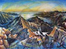 Ľubomír Korenko, kombinovaná technika na plátne, Východ slnka na Rysoch, 60x80 cm, 280 €