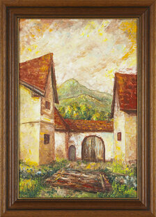 Ľudmila Balková, Blatnica - brána do dvora, olejomaľba 60x40 cm, zarámované 75x55 cm, 280 €