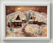 Ľudmila Balková, Chalúpky na lazoch v zime, Olejomaľba 30x40 cm, zarámované 42x52cm, 210 €