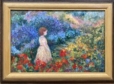 Ľudmila Balková, Dievčatko v záhradke, Olej, špachtľa na dreve, 40x60 cm