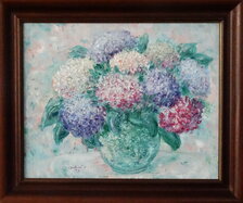 Ľudmila Balková, Kytica hortenzií, olej, špachtľa 40x50 cm