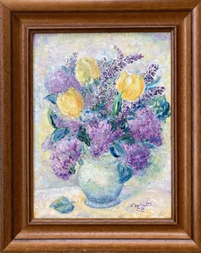 Ľudmila Balková, Kytica jarná s tulipánmi, Olejomaľba 40x30 cm