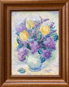 Ľudmila Balková, Kytica jarná s tulipánmi, Olejomaľba 40x30 cm, zarámované 51x41 cm, 210 €