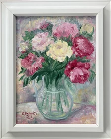 Ľudmila Balková, Kytica pivónií farebná, Olejomaľba 40x30 cm