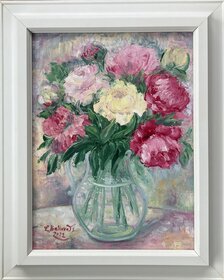Ľudmila Balková, Kytica pivónií farebná, Olejomaľba 40x30 cm, zarámované 52x42cm, 210 €