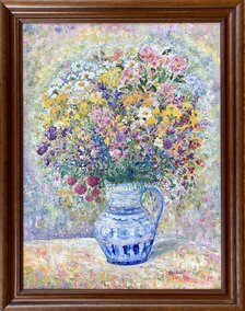 Ľudmila Balková, Kytica poľná jarná, Olejomaľba, špachtľa 80x60 cm, zarámované 91,5x71,5cm, 1 350 €