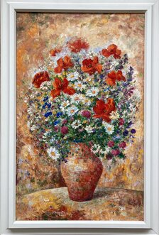Ľudmila Balková, Kytica poľných kvetov, olejomaľba 78x48 cm, zarámované 92x61,5 cm, 1 100 €