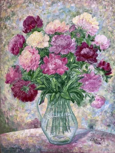 Ľudmila Balková, Kytica rôznofarebných pivónií, olejomaľba 80x60 cm