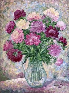 Ľudmila Balková, Kytica rôznofarebných pivónií, olejomaľba 80x60 cm