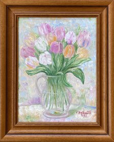 Ľudmila Balková, Kytica tulipánov a orgovánu, olejomaľba 40x30 cm, zarámované 51x41 cm, 210 €