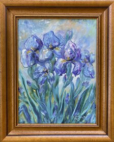 Ľudmila Balková, Päť modrých kosatcov, olejomaľba 40x30 cm